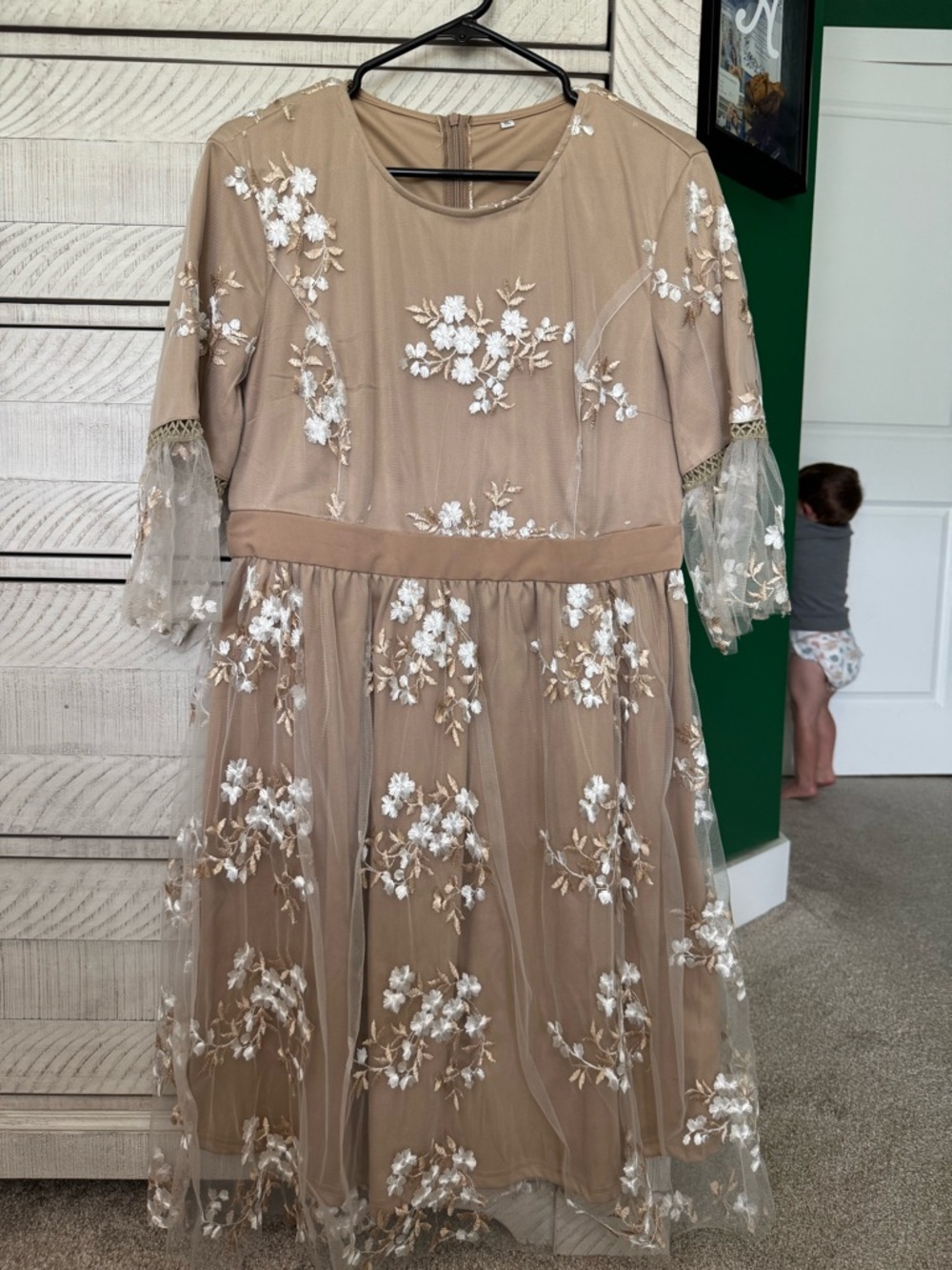 Beige Floral Embroidered Tulle Dress